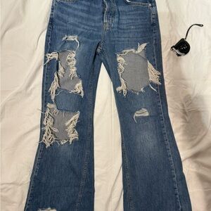 Blue Flare Wide Leg Distressed Jeans